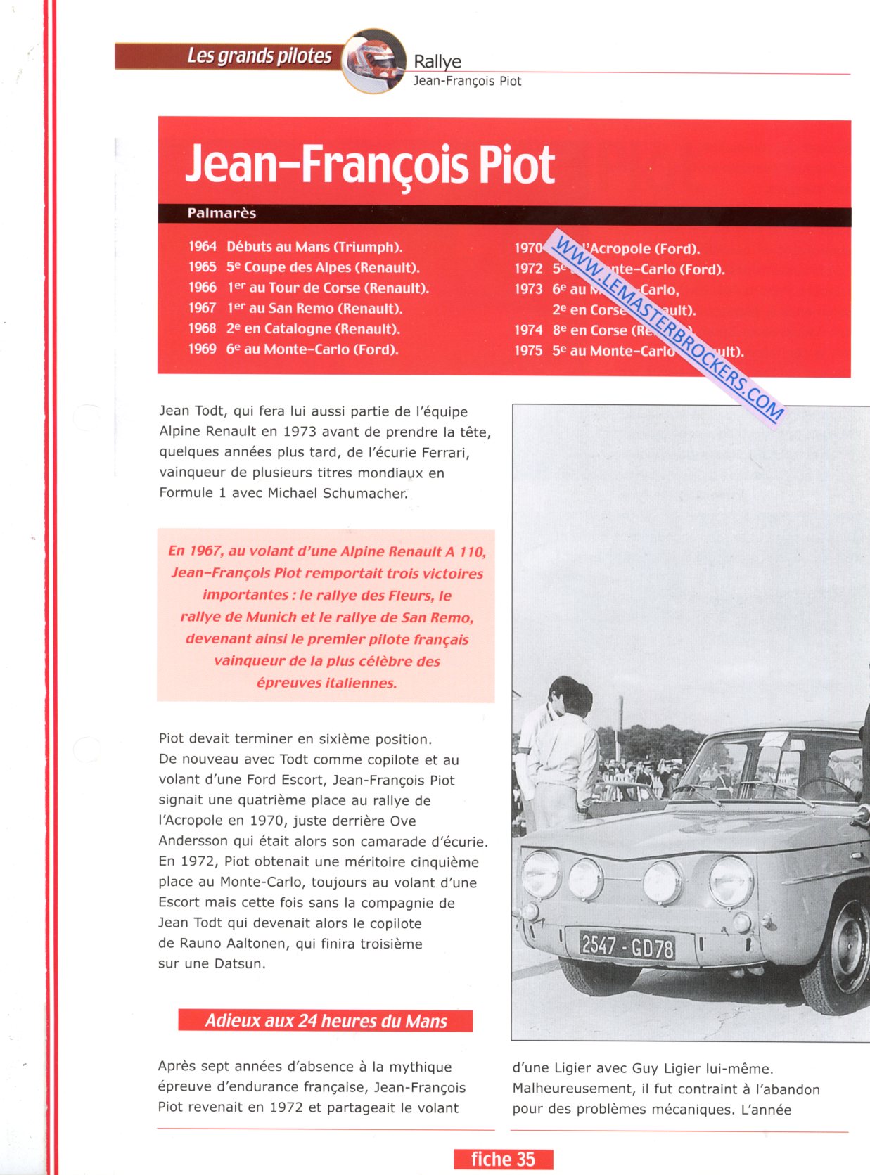 FICHE PILOTE JEAN-FRANÇOIS PIOT - RENAULT 8 GORDINI