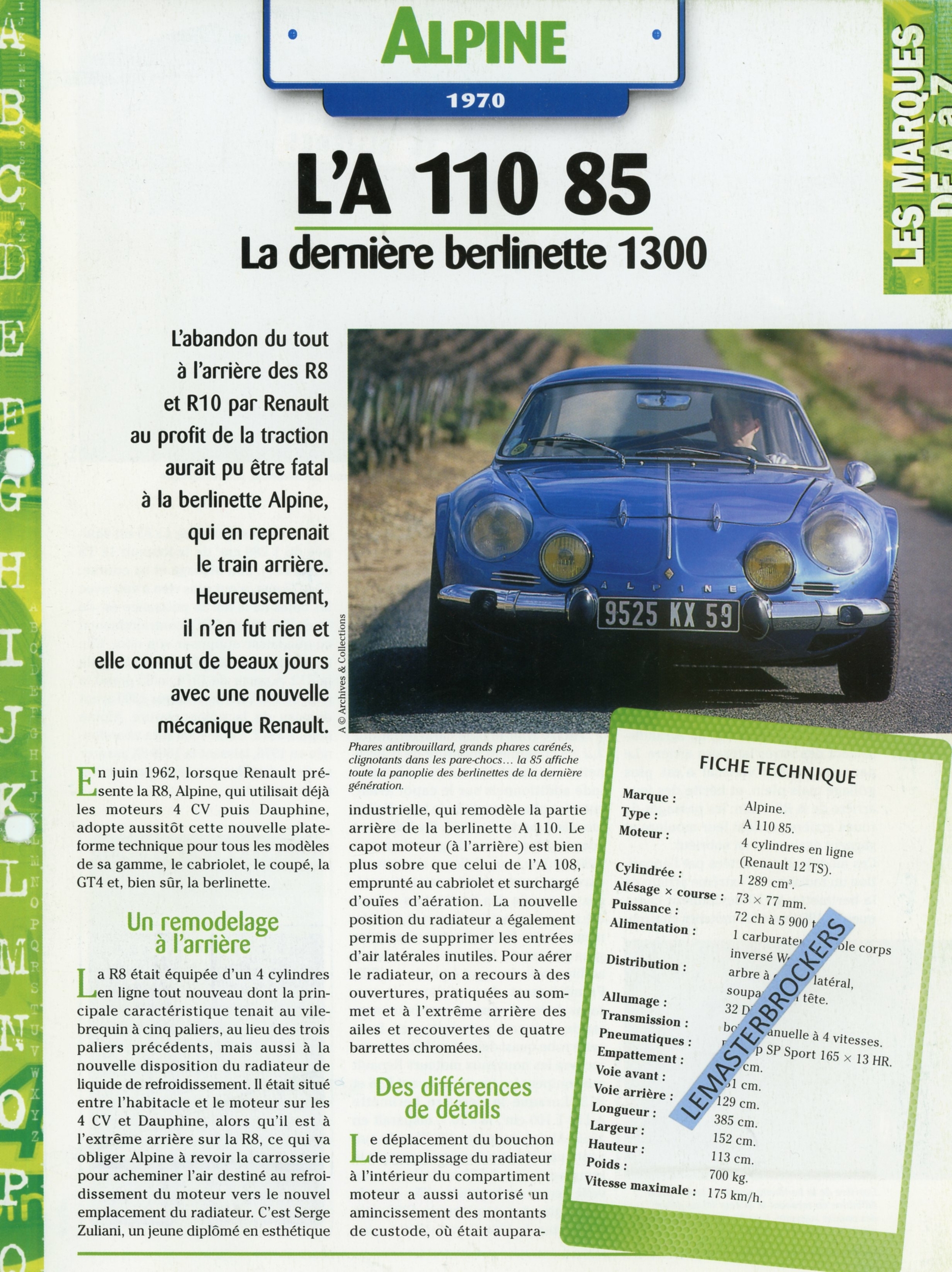 ALPINE 1970 L\'A 110 85 LA DERNIERE BERLINETTE 1300 - FICHE AUTO HACHETTE