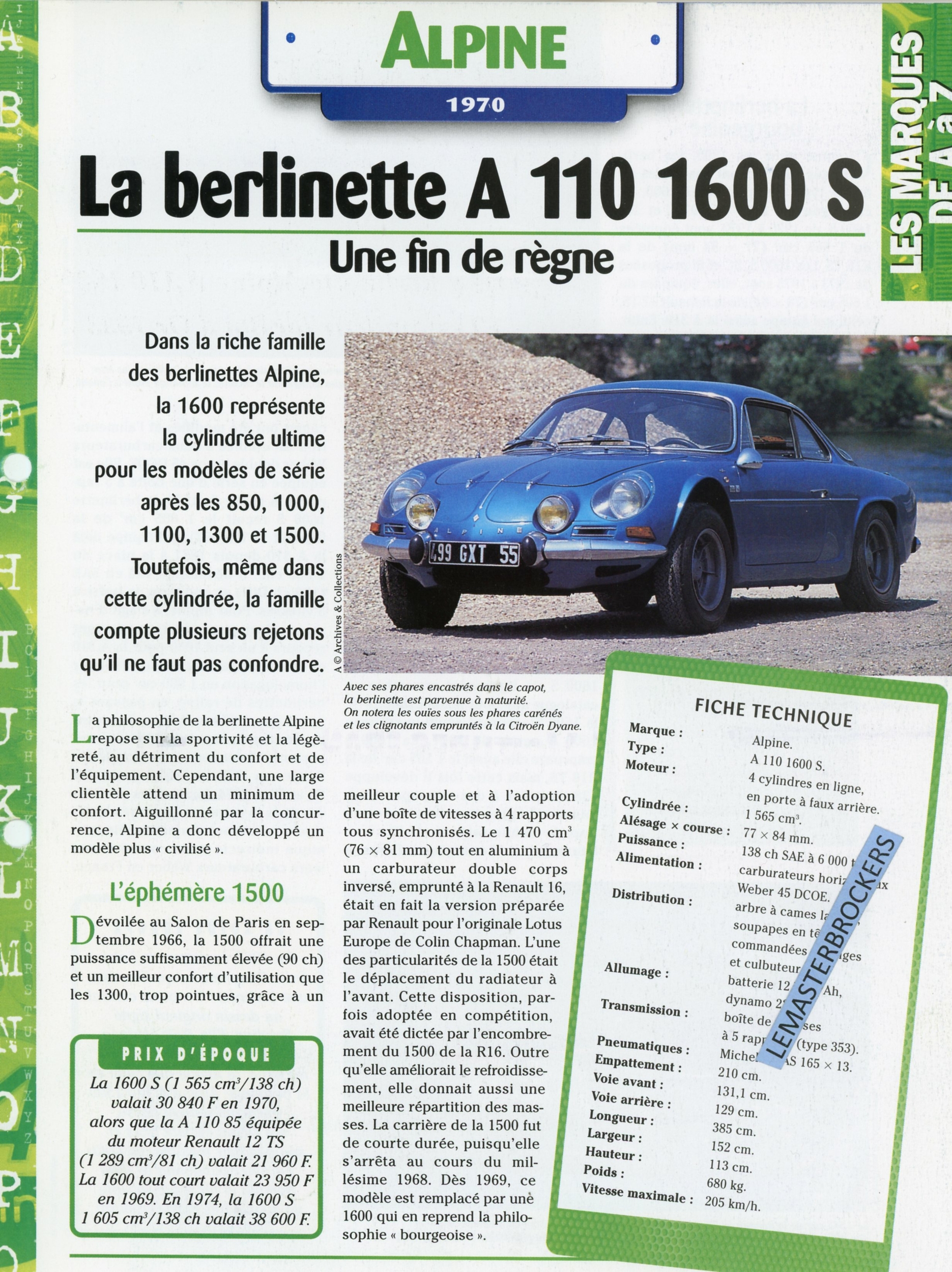ALPINE A110 1600S LA BERLINETTE - FICHE AUTO HACHETTE