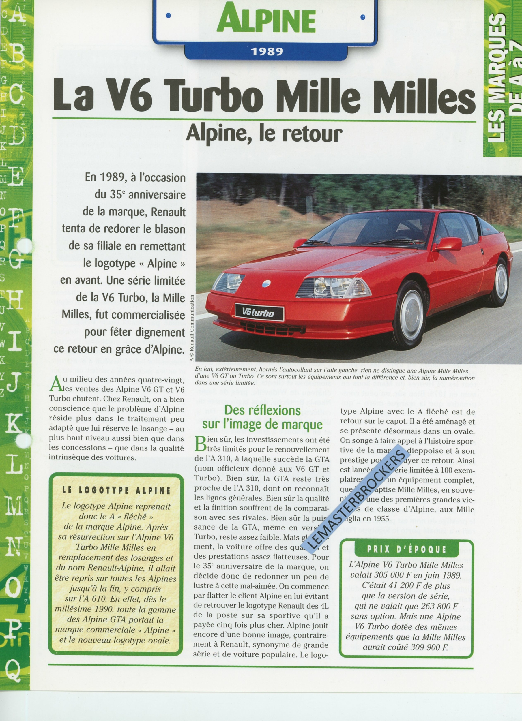 ALPINE V6 TURBO MILLE MILLES - 1989 - FICHE AUTO HACHETTE