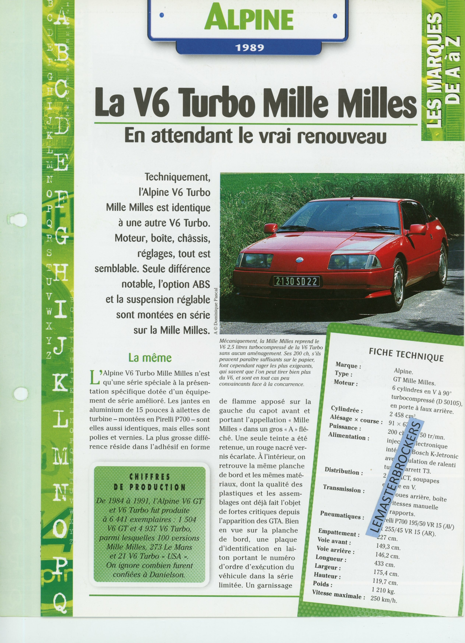 ALPINE V6 TURBO MILLE MILLES - 1989 - FICHE AUTO HACHETTE 4 PAGES