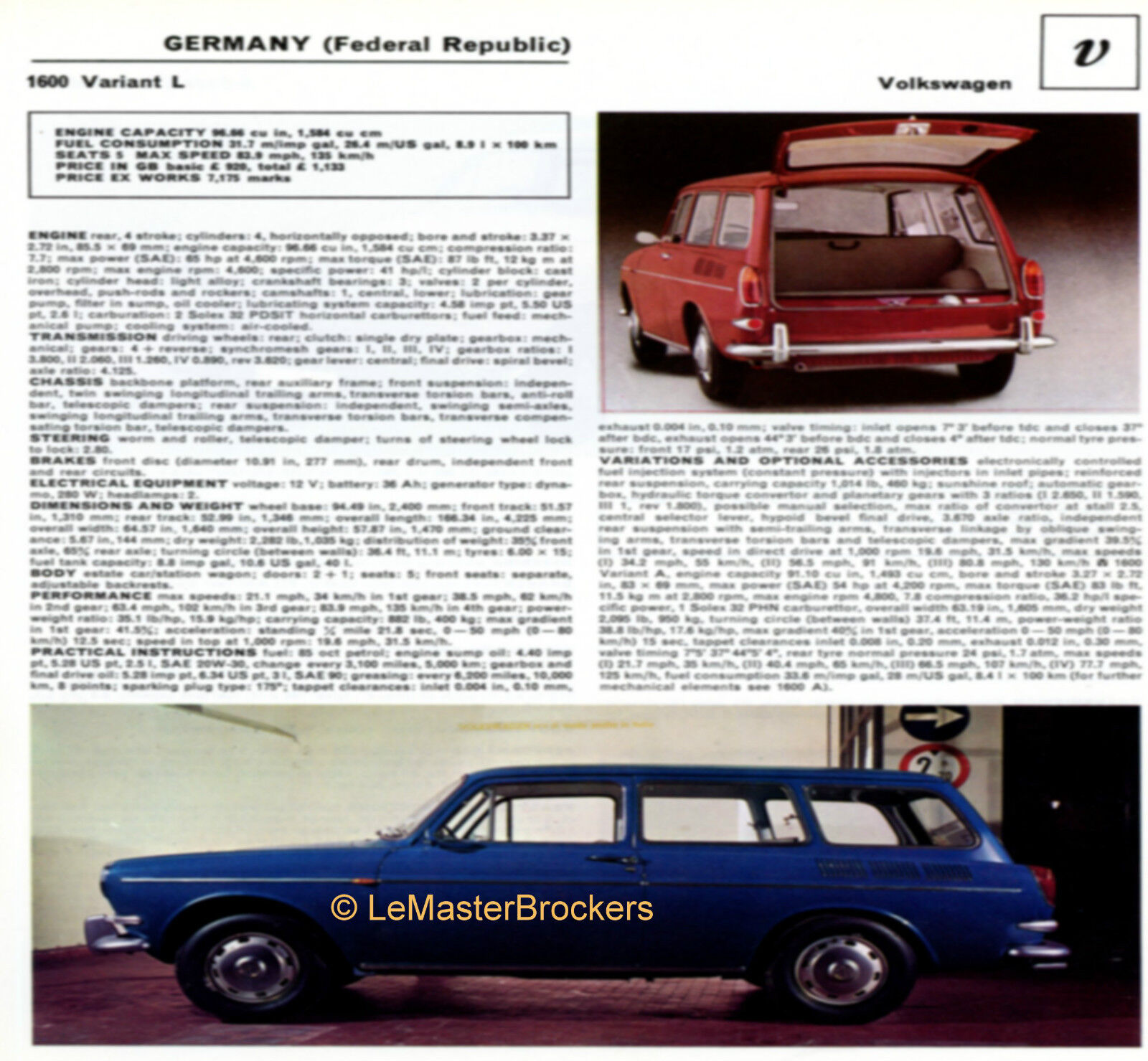 FICHE PRESSE VOLKSWAGEN 1600 VARIANT