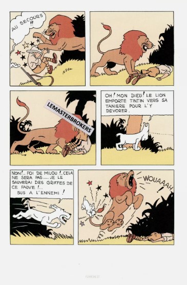 LITHOGRAPHIE TINTIN AU CONGO AVEC LE LION ORIGINAL PLANCHE 37