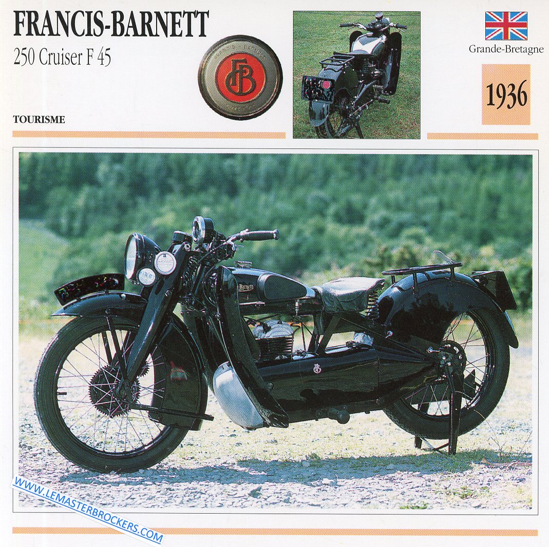 CARTE FICHE MOTO FRANCIS BARNETT 250 CRUISER F45 1936