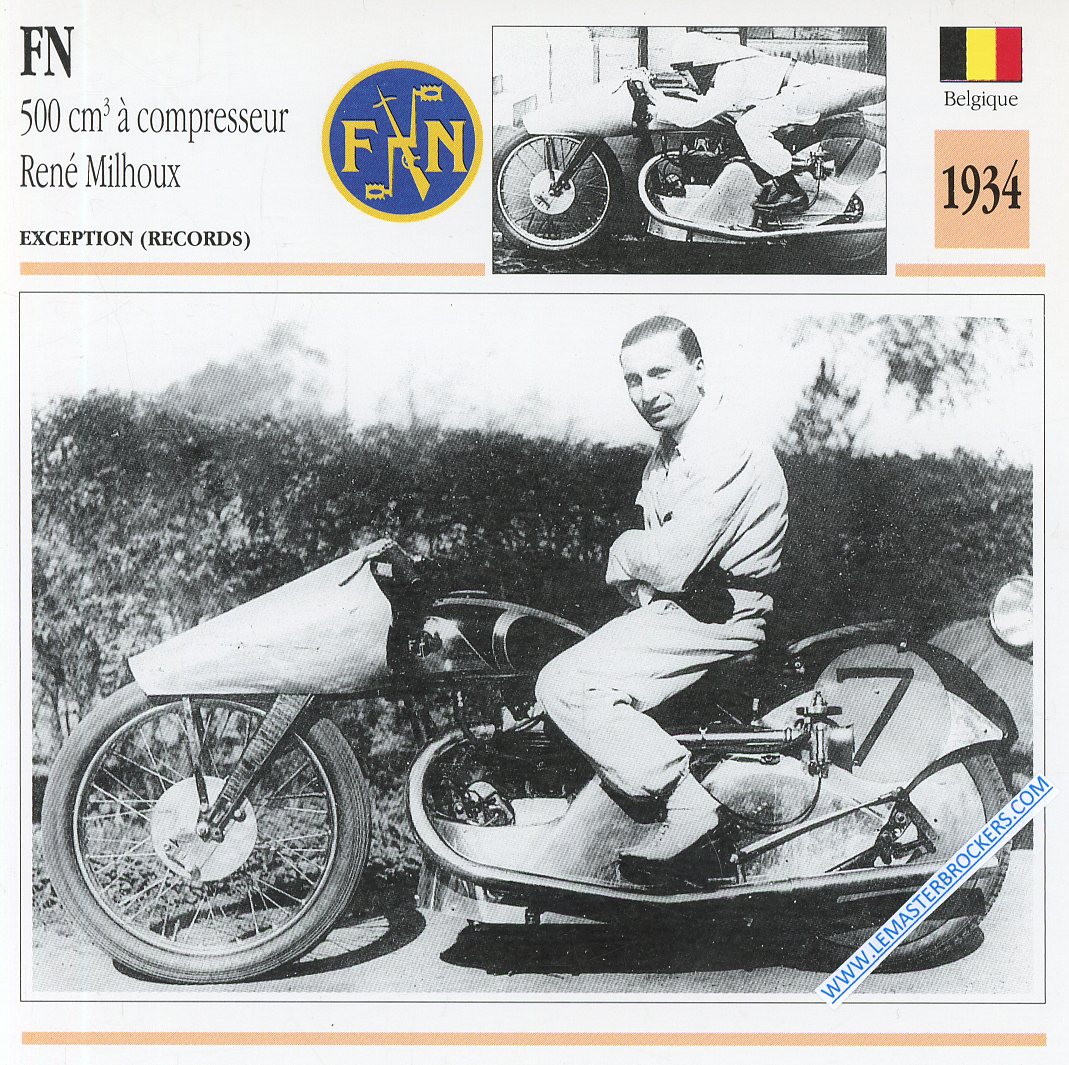 CARTE FICHE MOTO FN 500 COMPRESSEUR 1934 RENE MILHOUX