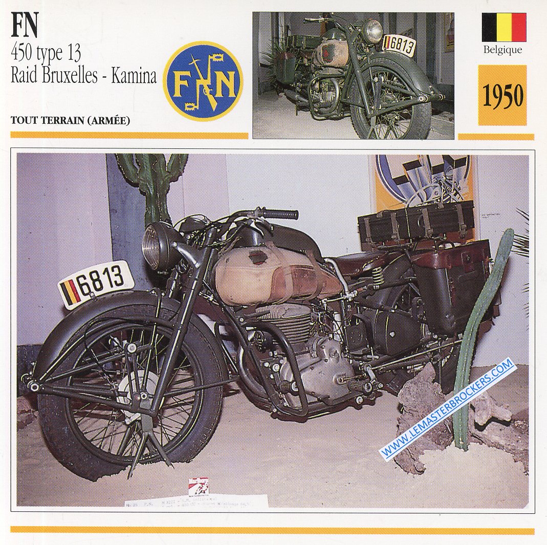 CARTE FICHE MOTO FN 450 TYPE 13 RAID BRUXELLES KAMINA 1950