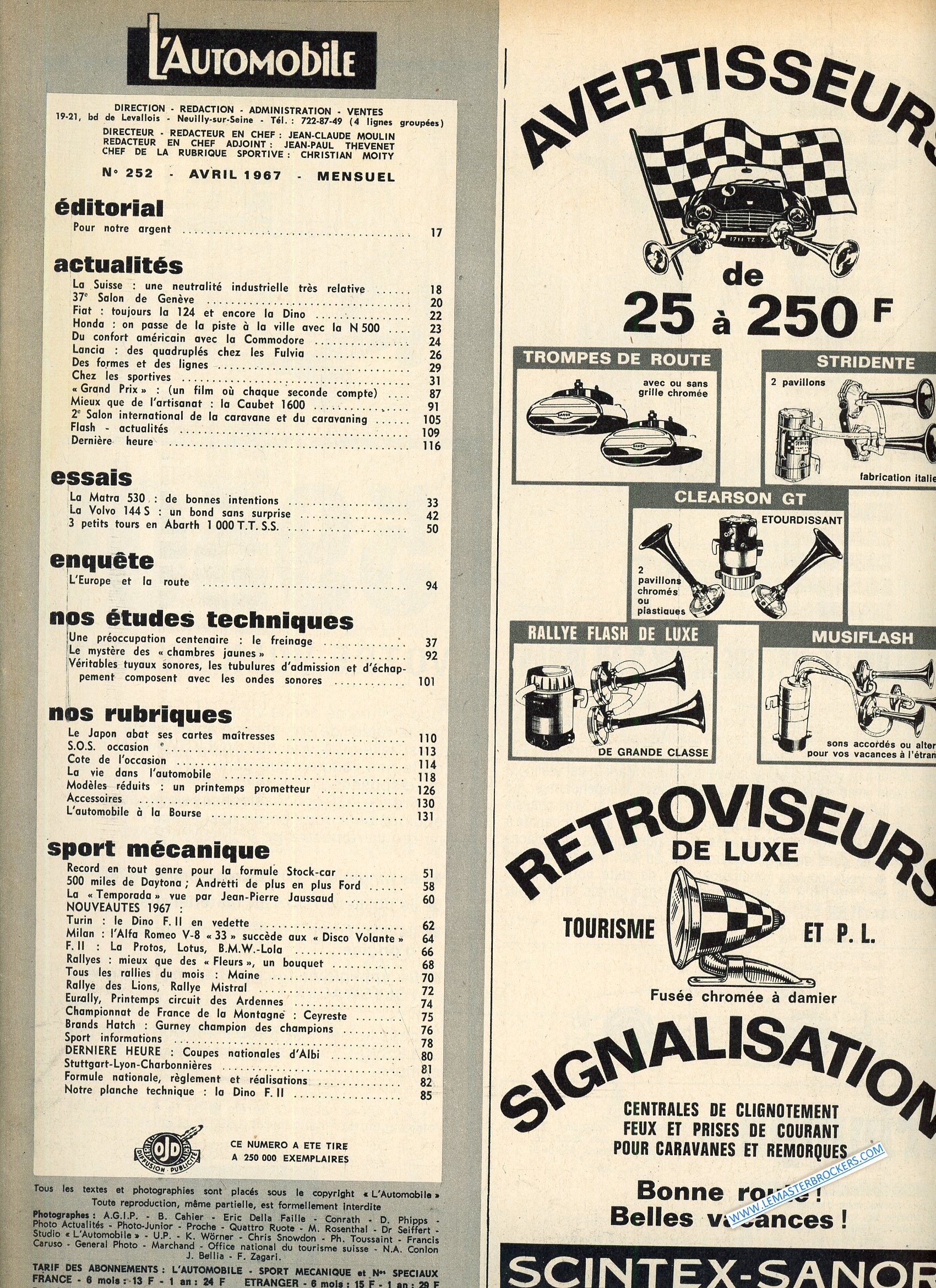 LAUTOMBILE MAGAZINE 245 AVRIL 1967 ESSAIS MATRA 530 - VOLVO 144 S
