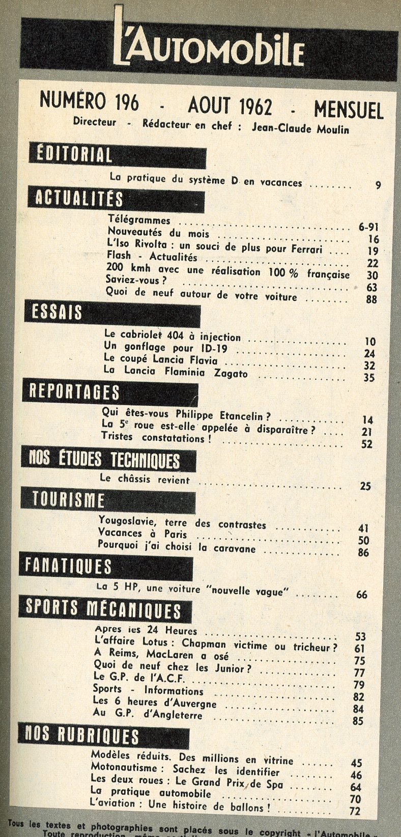 LAUTOMBILE MAGAZINE 196 1962 404 FLUVIA FLAMINIA PANHARD CD RENE BONNET GURNEY
