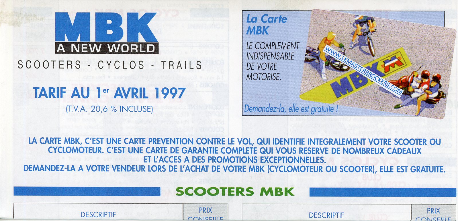 DOCUMENT AUTHENTIQUE TARIF MBK AU 1ER AVRIL 1997