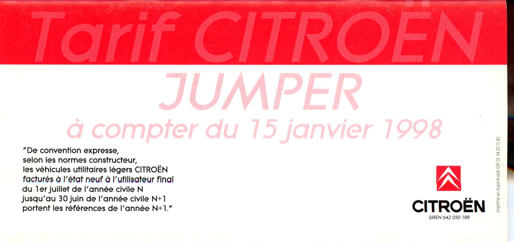 BROCHURE TARIFS CITROEN JUMPER 1998