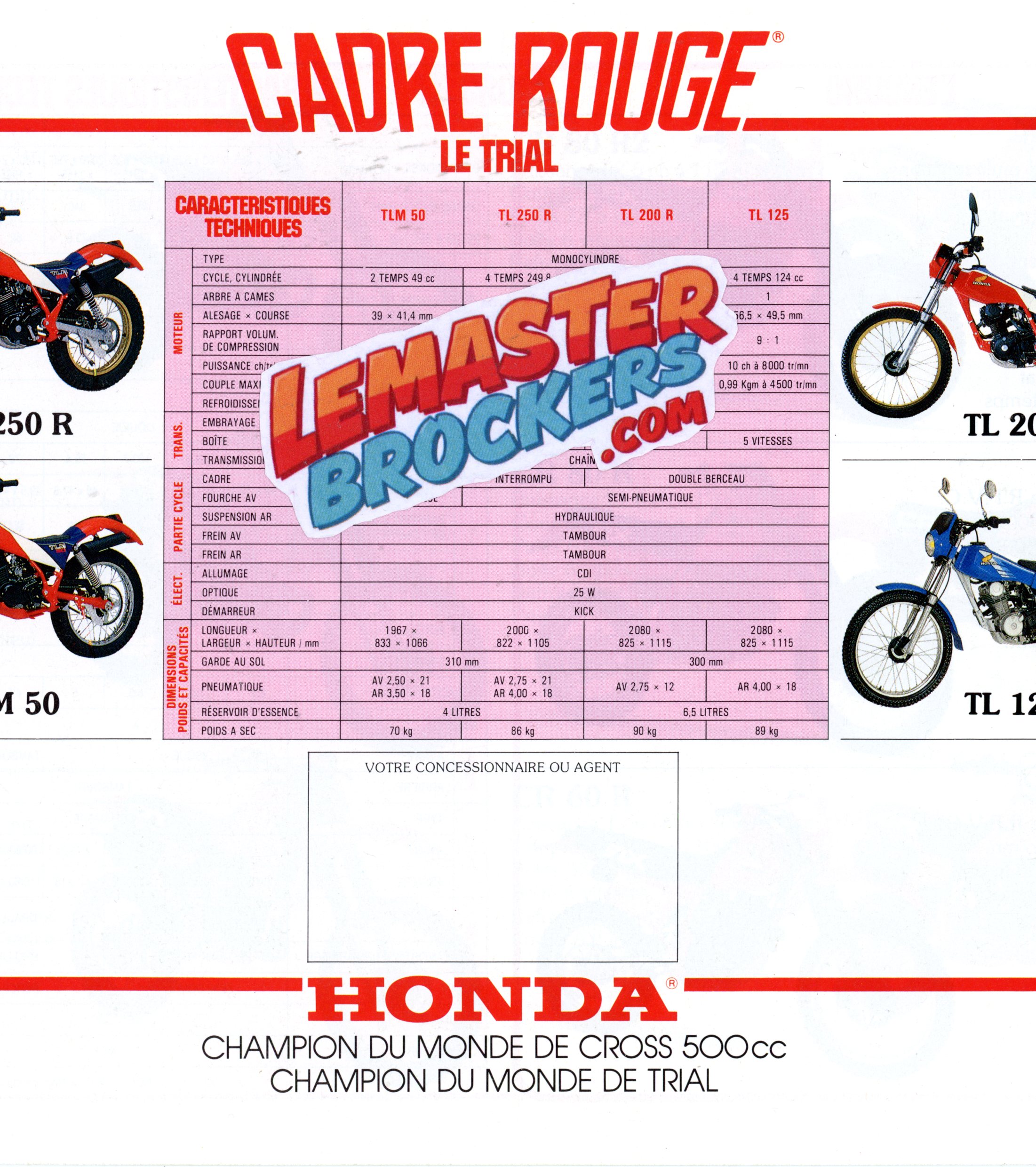 BROCHURE MOTO CADRE ROUGE HONDA CROSS ENDURO ET TRIAL 1985