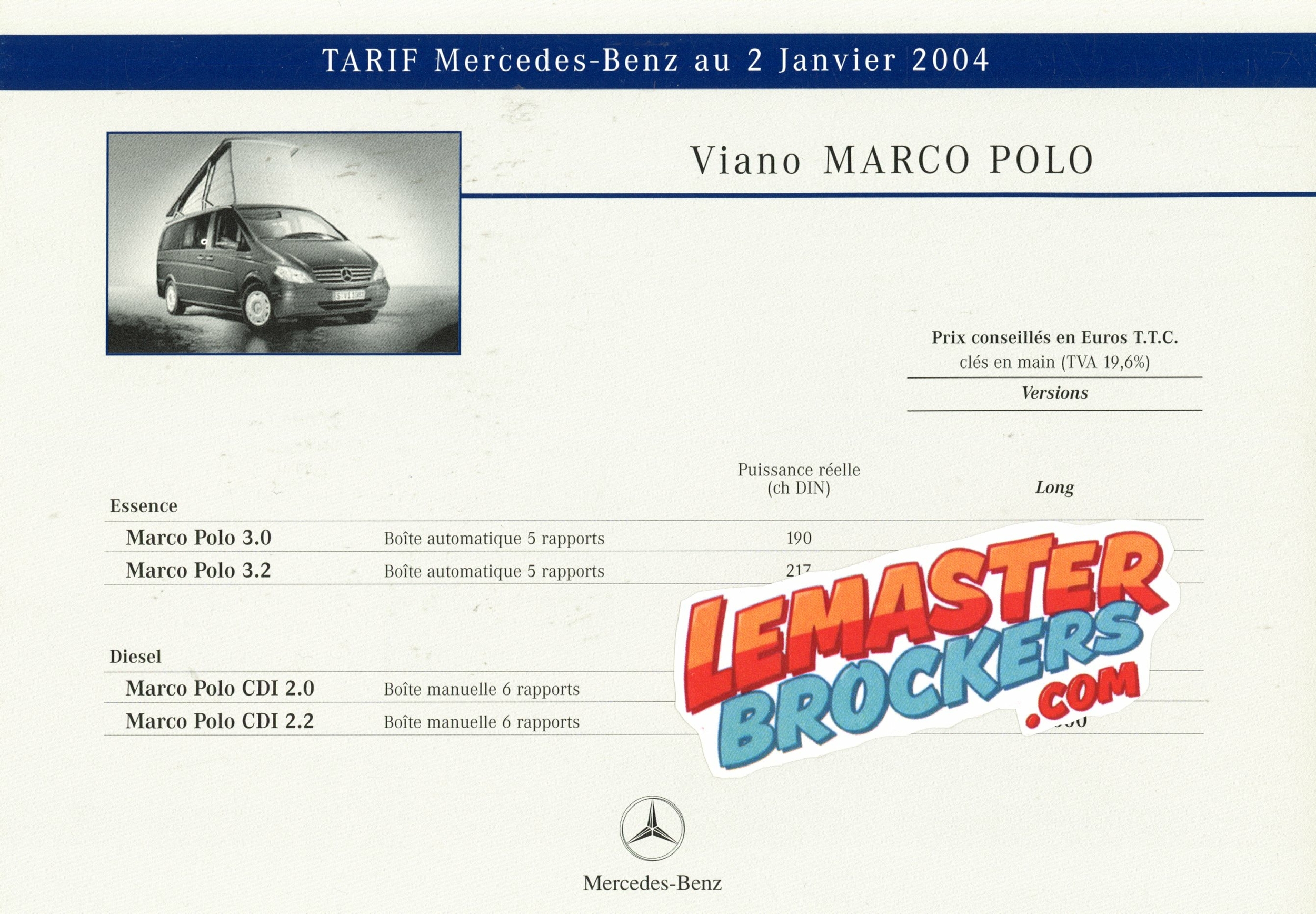 BROCHURE MERCEDES VIANO MARCO POLO SUR LES TARIFS 2004
