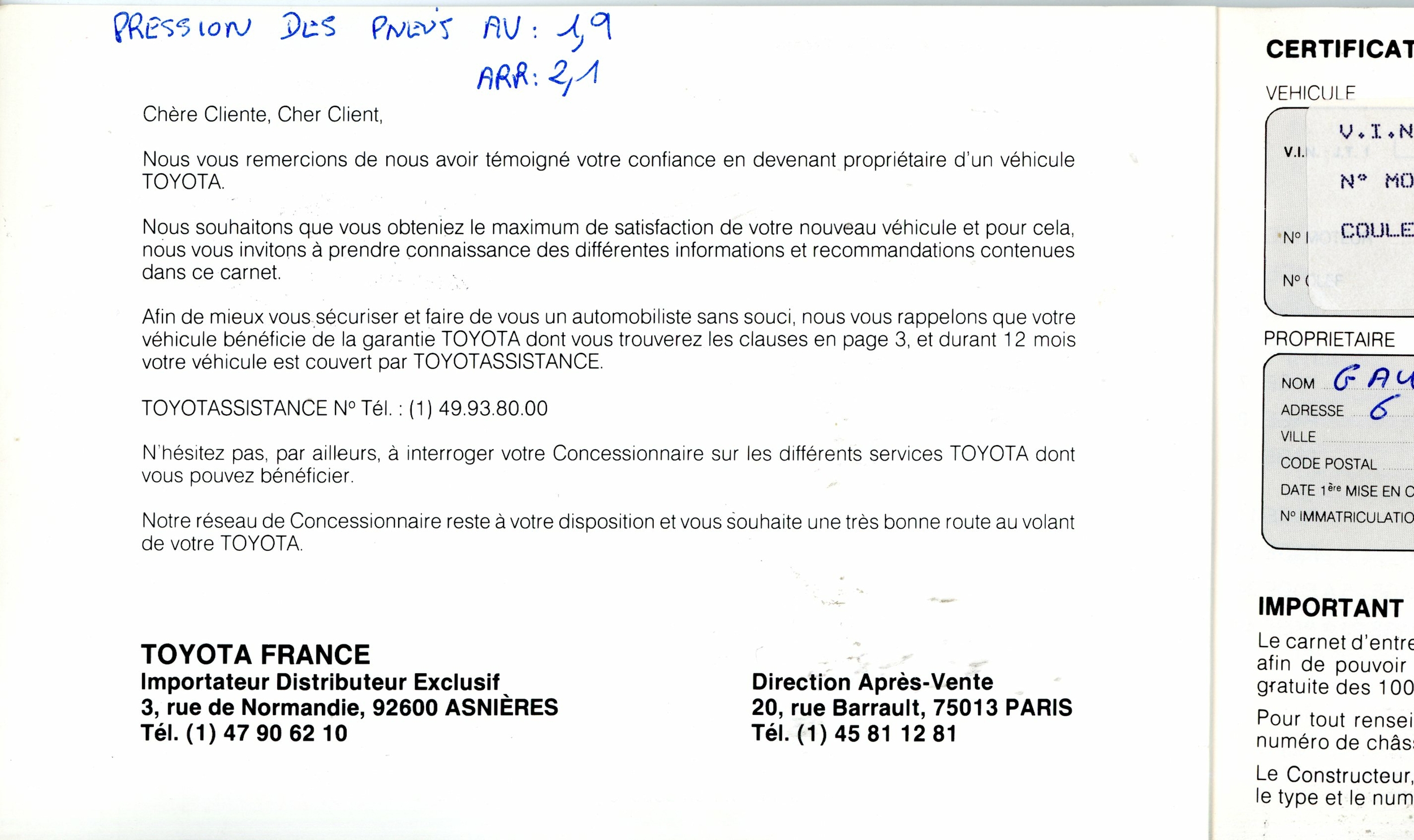 TOYOTA CARNET DENTRETIEN OCCASION