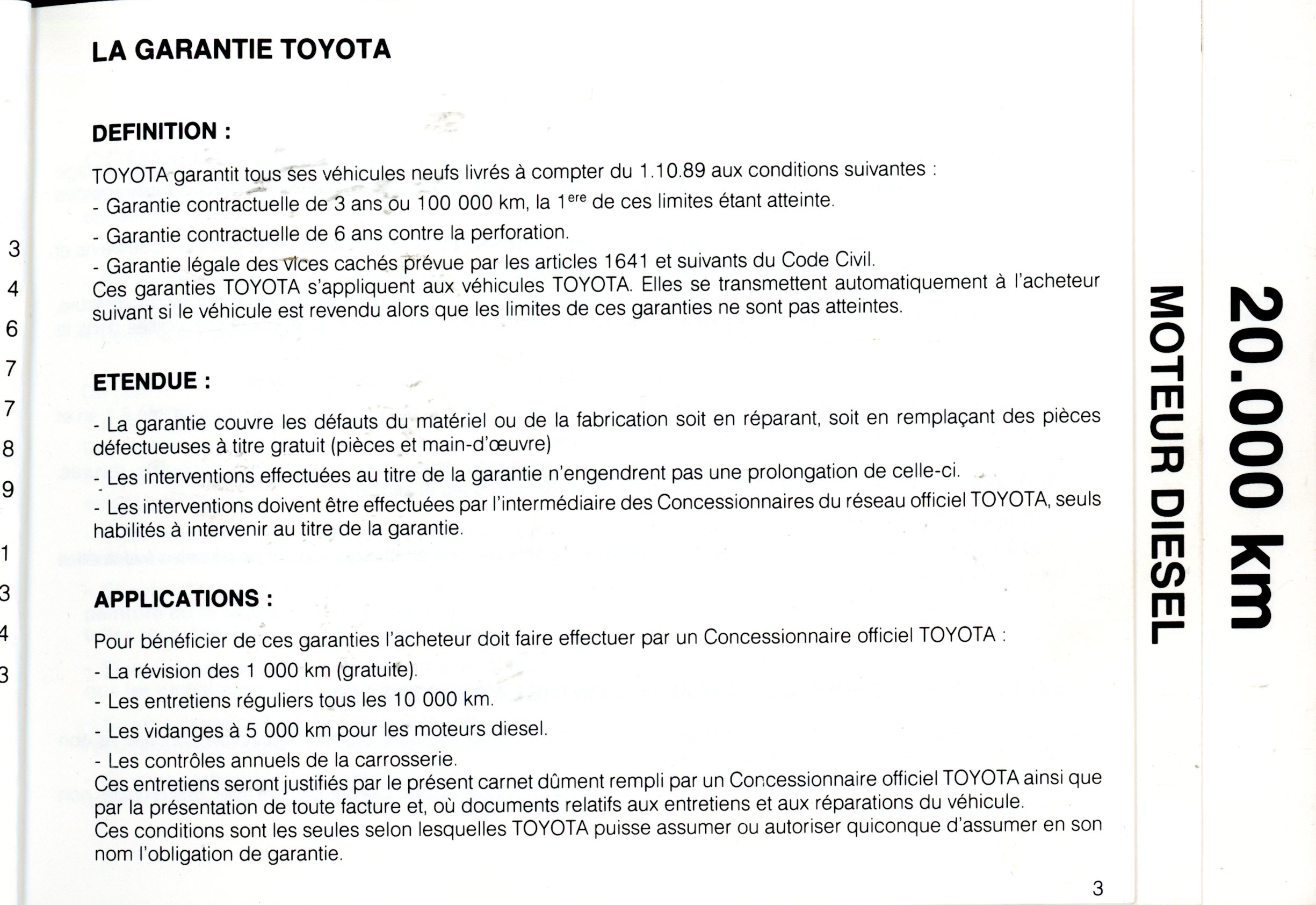 CARNET DENTRETIEN TOYOTA ORIGINAL 1989