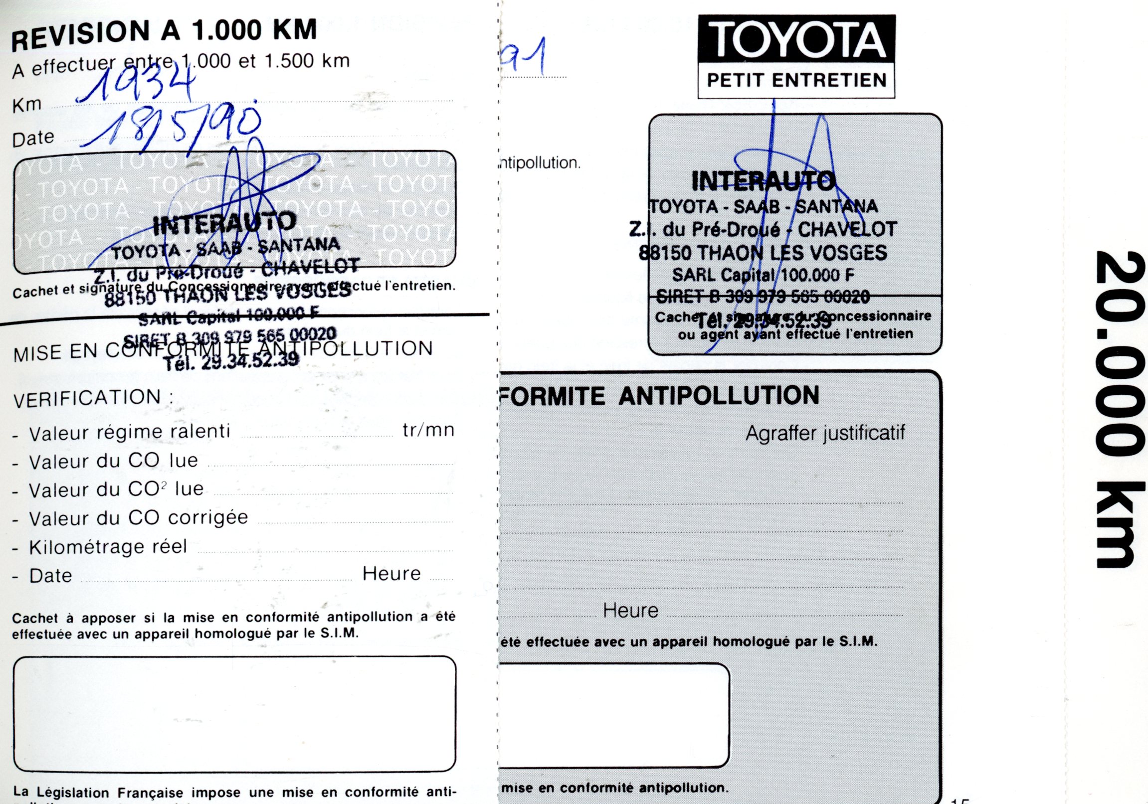 TOYOTA CARNET DENTRETIEN ORIGINAL DE 1989