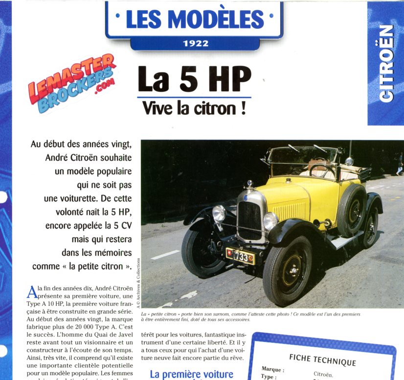 FICHE AUTO CITROEN 5HP 1922