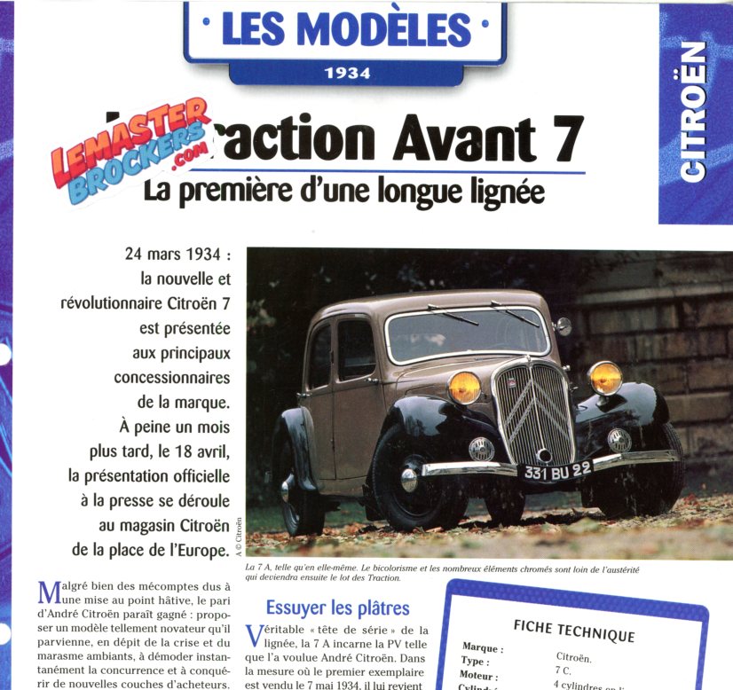 FICHE AUTO CITROEN TRACTION AVANT 7 1934