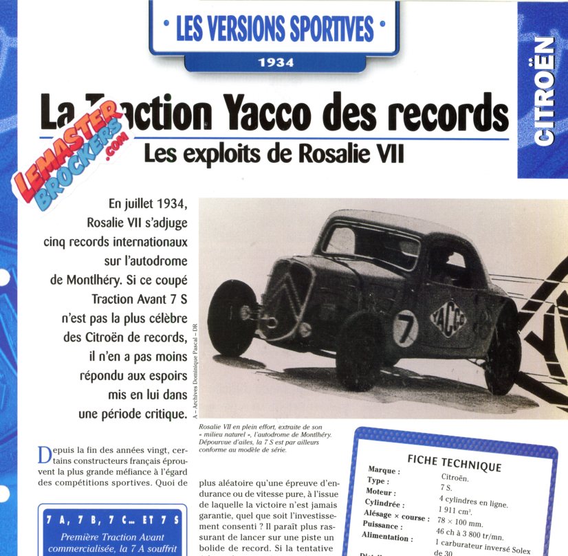 FICHE AUTO CITROEN TRACTION YACCO DES RECORDS 1934