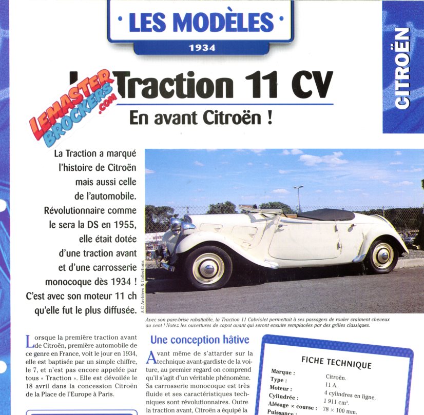 FICHE AUTO CITROEN TRACTION 11 CABRIOLET 1934