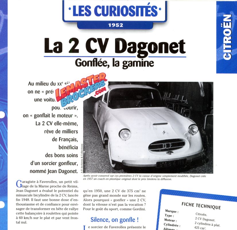 FICHE AUTO CITROEN 2CV DAGONET 1952