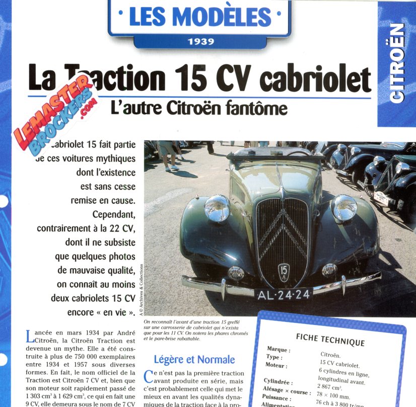 FICHE AUTO CITROEN TRACTION 15 CABRIOLET 1939