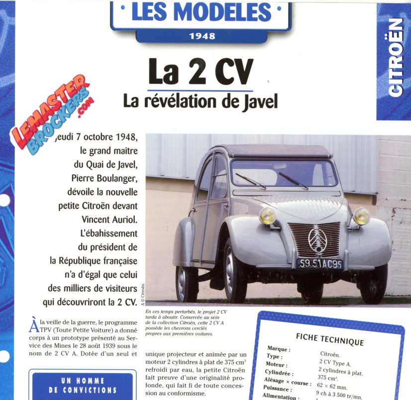FICHE AUTO CITROEN 2CV 1948