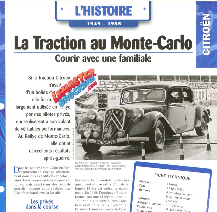 FICHE AUTO CITROEN TRACTION AU MONTE-CARLO 1949-1955
