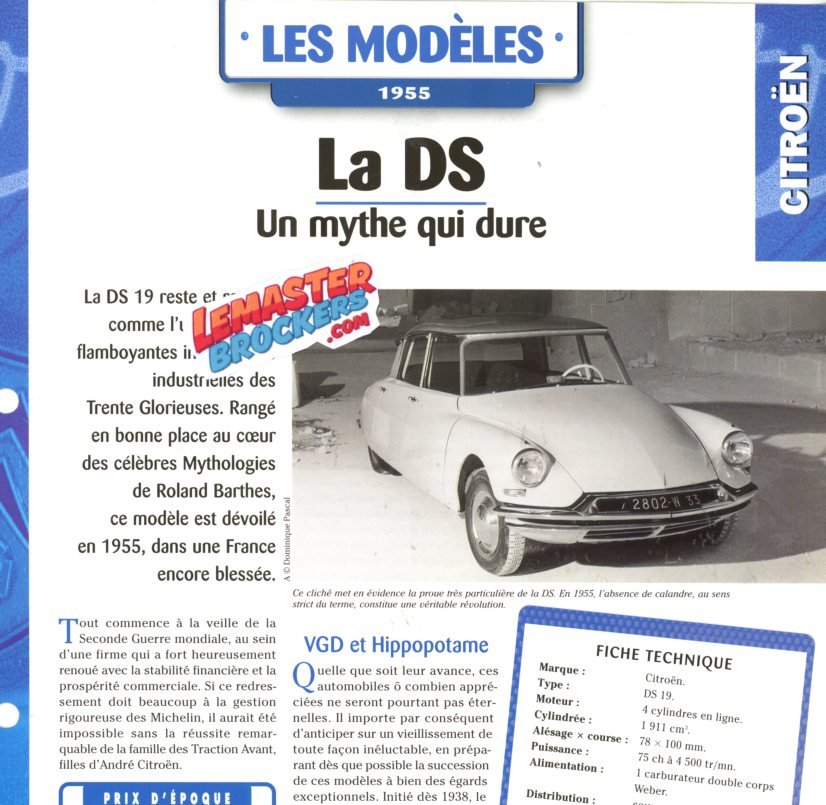 FICHE AUTO CITROEN DS19 1955
