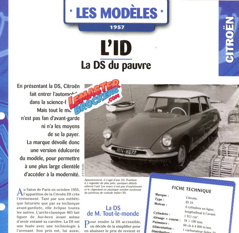 FICHE AUTO CITROEN ID19 1957