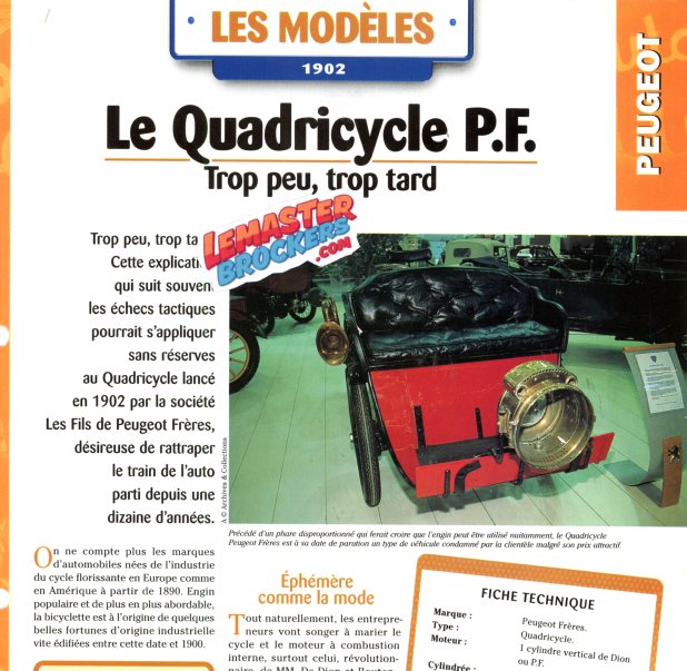 FICHE AUTO PEUGEOT QUADRICYCLE P.F. 1902