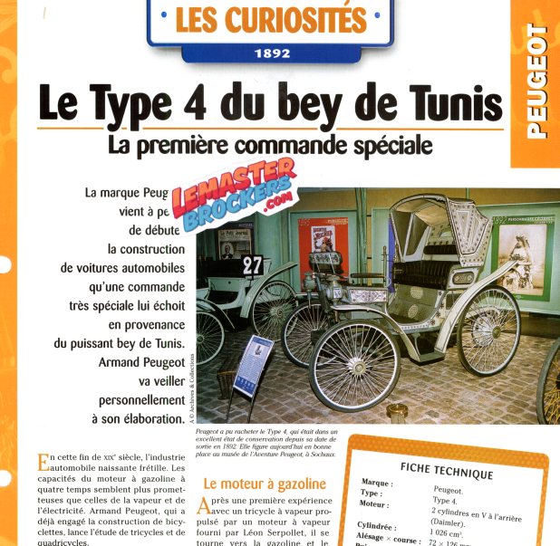 FICHE AUTO PEUGEOT TYPE 4 DU BEY DE TUNIS 1892