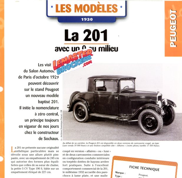 FICHE AUTO PEUGEOT 201 1930