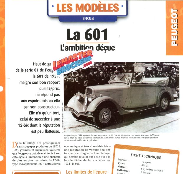 FICHE AUTO PEUGEOT 601 1934