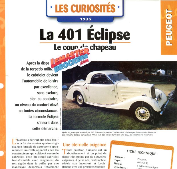 FICHE AUTO PEUGEOT 401 ECLIPSE 1935