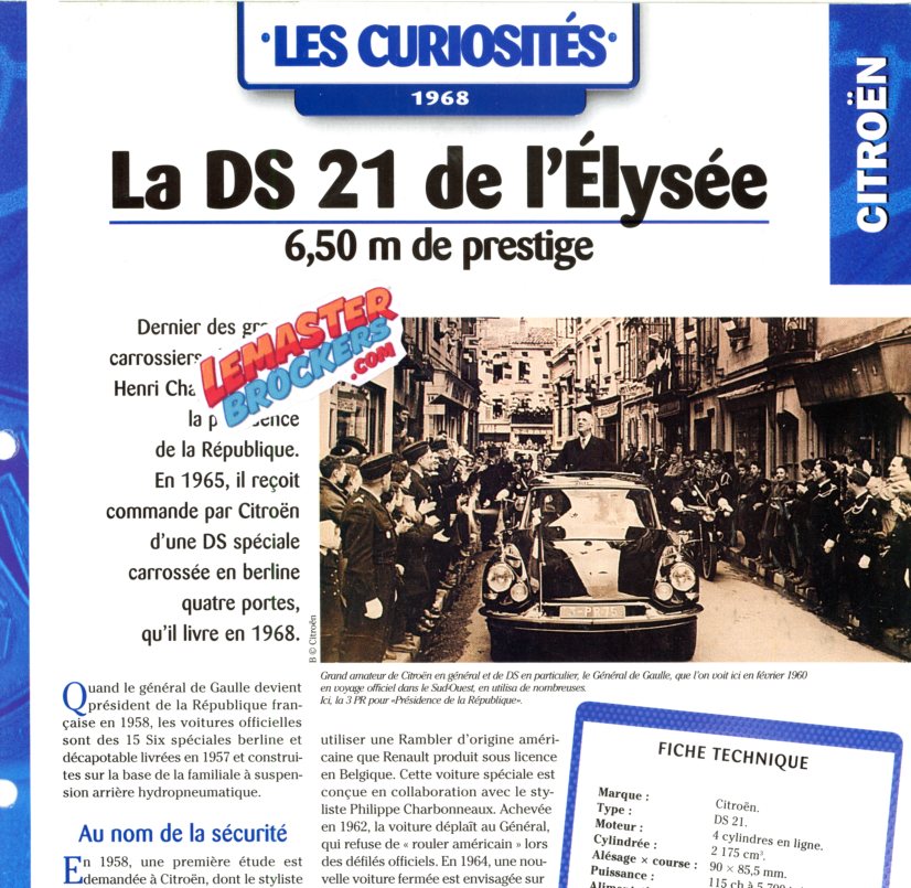 FICHE AUTO CITROEN DS21 1968