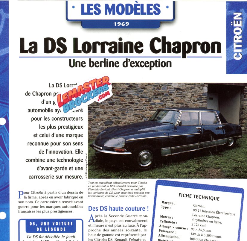 FICHE AUTO CITROEN DS21 LORRAINE CHAPRON 1969