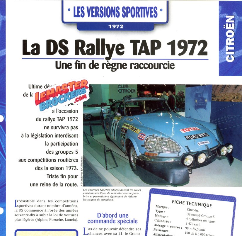 FICHE AUTO CITROEN DS RALLYE TAP 1972