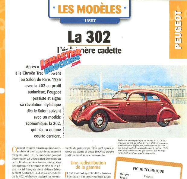 FICHE AUTO PEUGEOT 302 1937