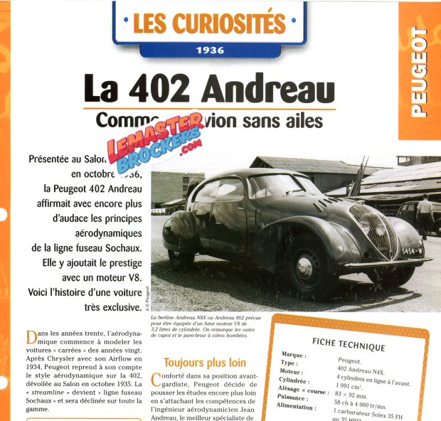 FICHE AUTO PEUGEOT 402 ANDREAU 1936