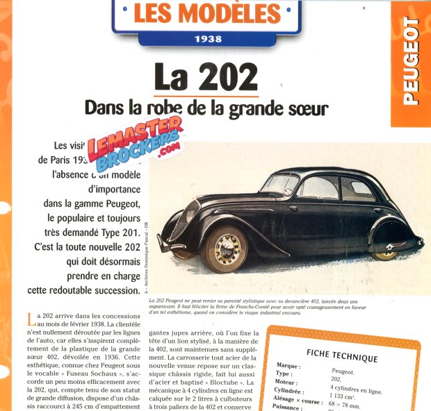 FICHE AUTO PEUGEOT 202 1938