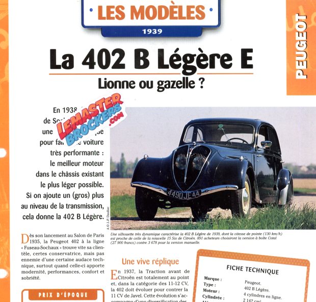 FICHE AUTO PEUGEOT 402 B LEGERE E 1939