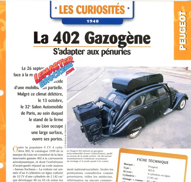 FICHE AUTO PEUGEOT 402 GAZOGENE 1940