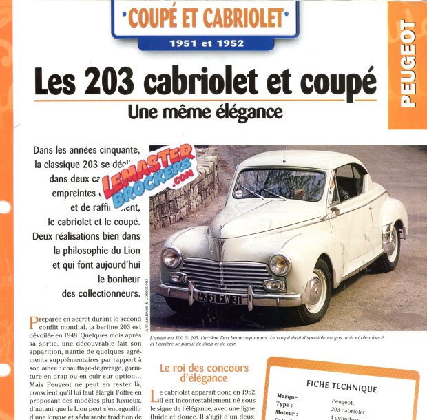 FICHE AUTO PEUGEOT 203 CABRIOLET ET COUPE 1951-1952