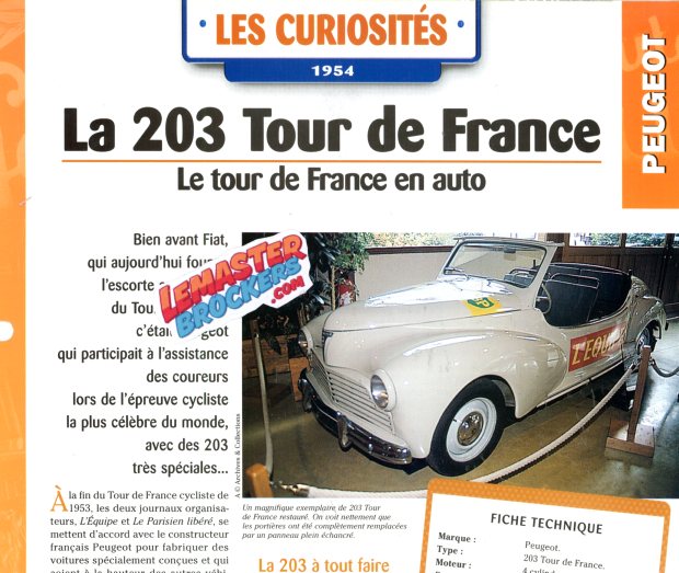 FICHE AUTO PEUGEOT 203 TOUR DE FRANCE 1954