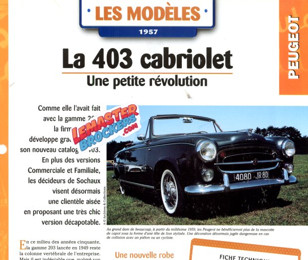 FICHE AUTO PEUGEOT 403 CABRIOLET 1957