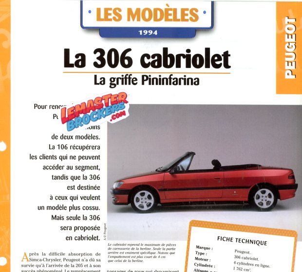 FICHE AUTO PEUGEOT 306 CABRIOLET 1994