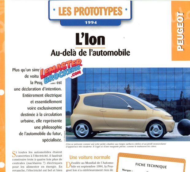 FICHE AUTO PEUGEOT PROTOTYPES ION 1994