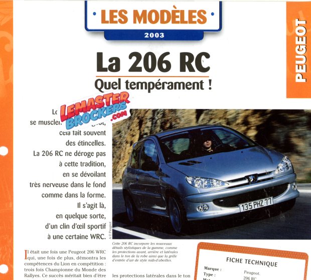 FICHE AUTO PEUGEOT 206 RC 2003