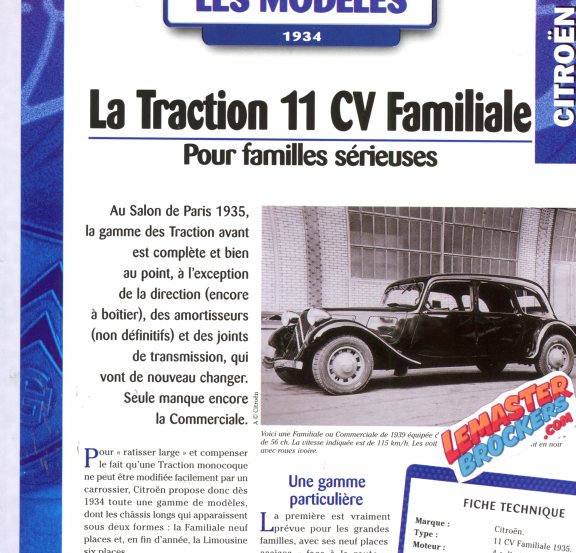 FICHE AUTO CITROEN TRACTION 11CV FAMILIALE 1934