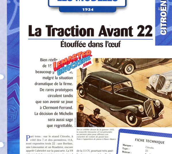 FICHE AUTO CITROEN 22 TRACTION 1934
